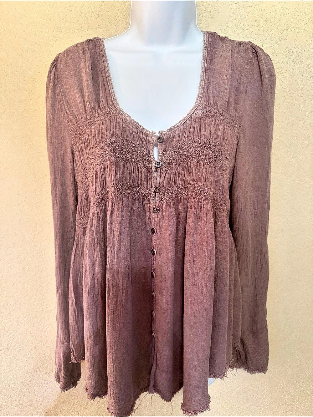 Free People smocked guaze blouse Smocked Blouse in mauve Size Large boho